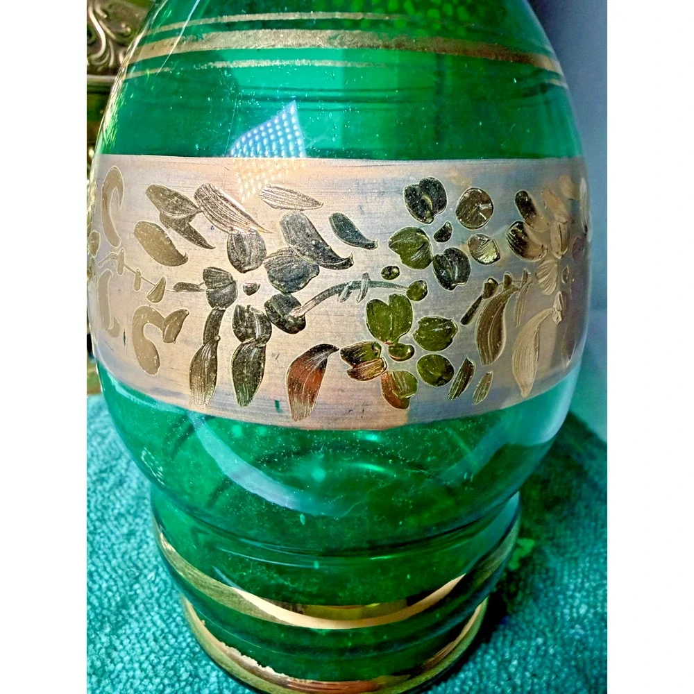 Vintage Emerald Green Glass Vase Gold Gilt Floral Decor 9.5